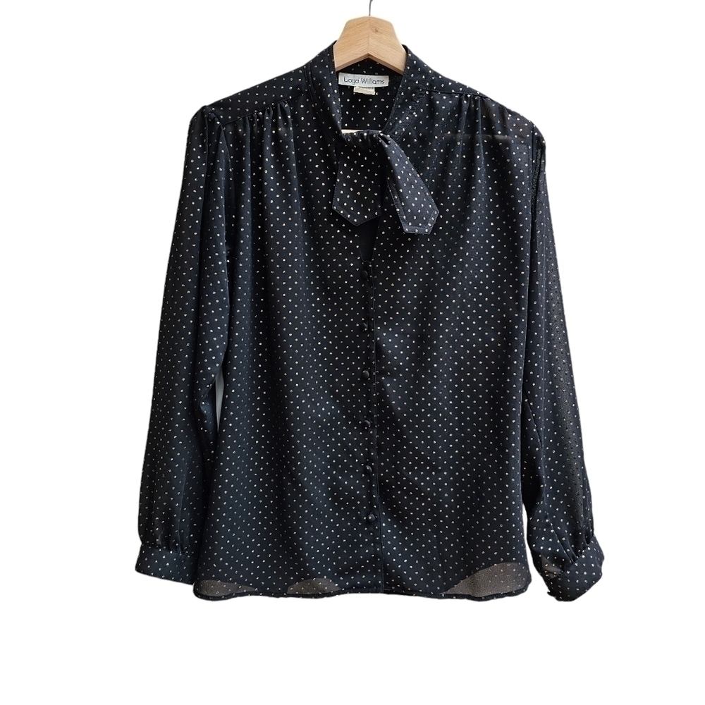 Vintage Lloyd Williams Sheer Black Gold Lurex Dot Blouse Relaxed M